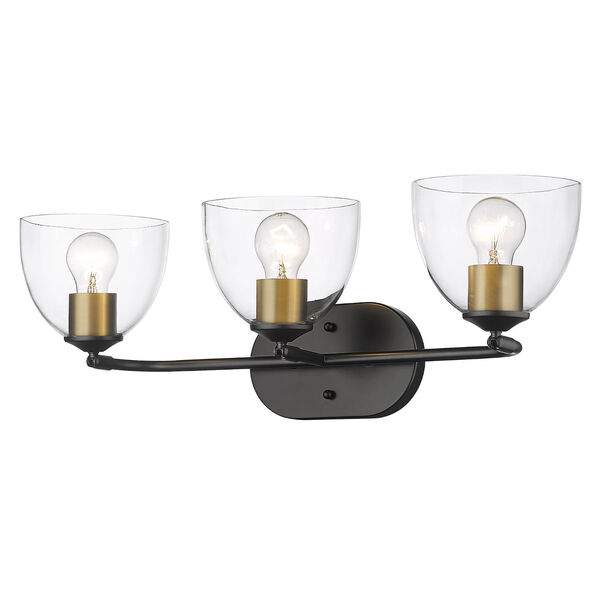 Roxie Matte Black Three-Light Bath Vanity with Brushed Champagne Bronze and Clear Glass Shade, image 1